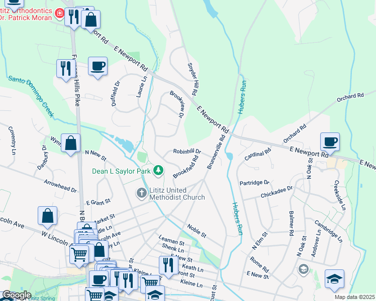 map of restaurants, bars, coffee shops, grocery stores, and more near 50 Robinhill Drive in Lititz