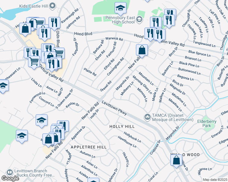 map of restaurants, bars, coffee shops, grocery stores, and more near 290 Magnolia Drive in Levittown