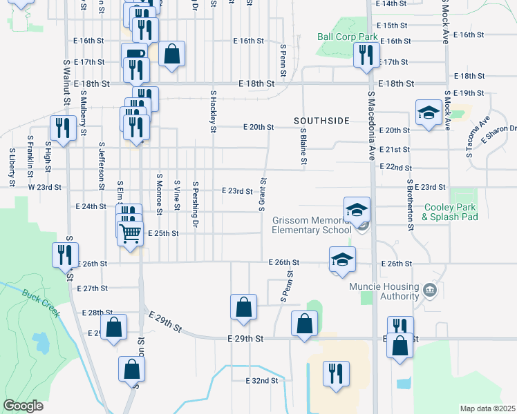 map of restaurants, bars, coffee shops, grocery stores, and more near 2932-2940 South Grant Street in Muncie