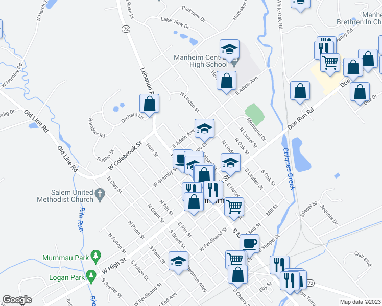 map of restaurants, bars, coffee shops, grocery stores, and more near 32 East Gramby Street in Manheim