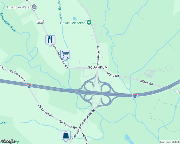 map of restaurants, bars, coffee shops, grocery stores, and more near 21 Abby Road in Tinton Falls