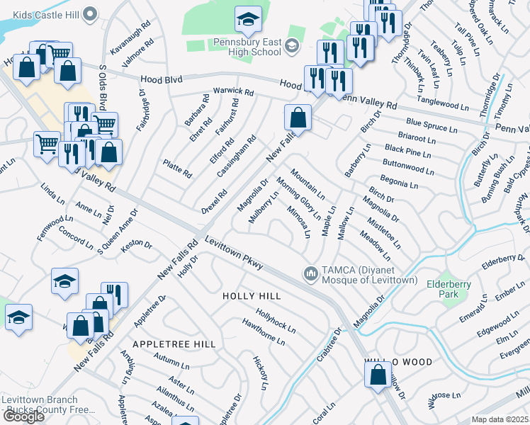map of restaurants, bars, coffee shops, grocery stores, and more near 22 Mulberry Lane in Levittown
