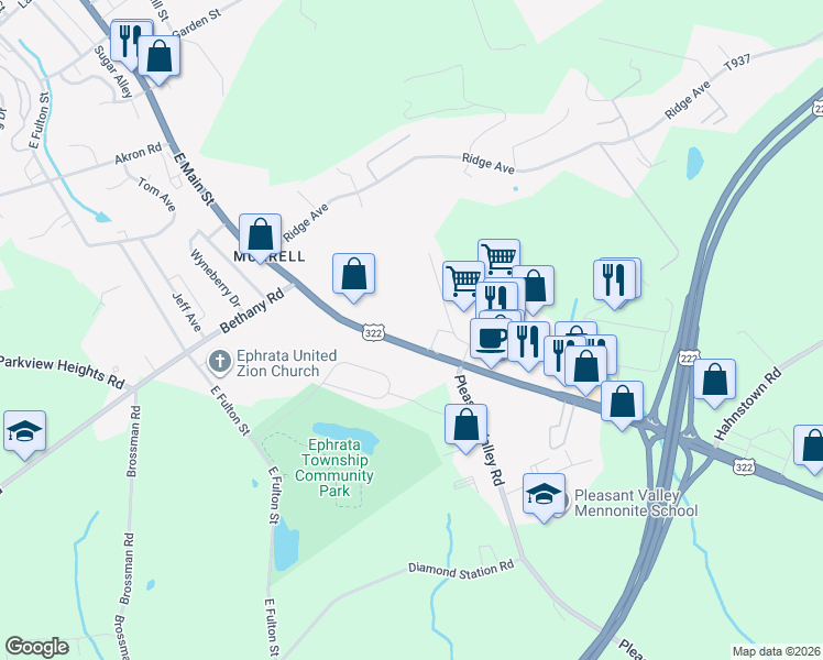 map of restaurants, bars, coffee shops, grocery stores, and more near 810 East Main Street in Ephrata