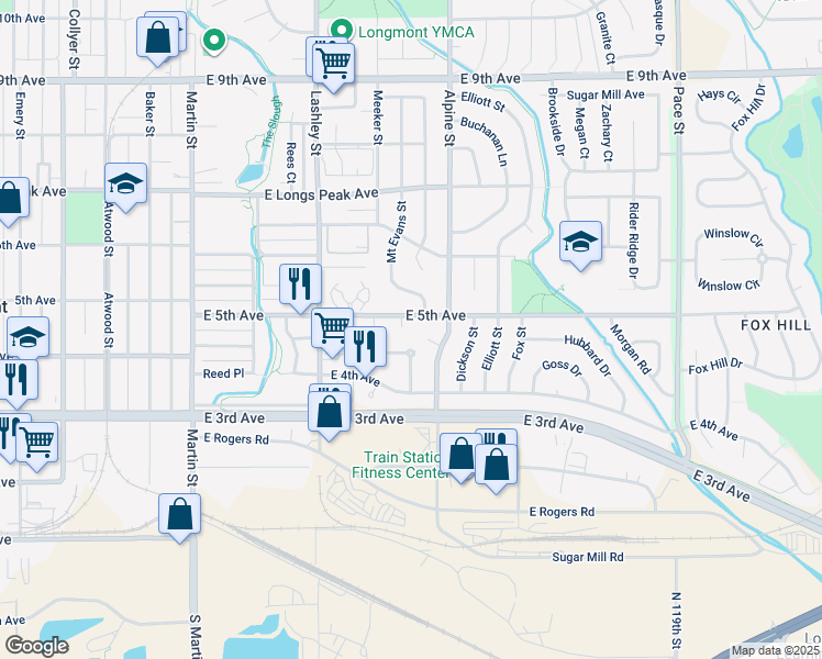 map of restaurants, bars, coffee shops, grocery stores, and more near 500 Mount Evans Street in Longmont