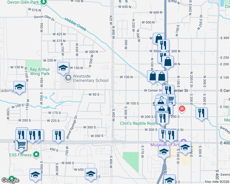 map of restaurants, bars, coffee shops, grocery stores, and more near 410 West Center Street in Springville