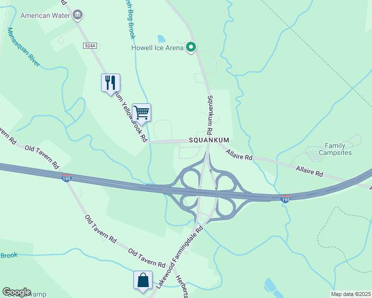 map of restaurants, bars, coffee shops, grocery stores, and more near 21 Abby Road in Tinton Falls