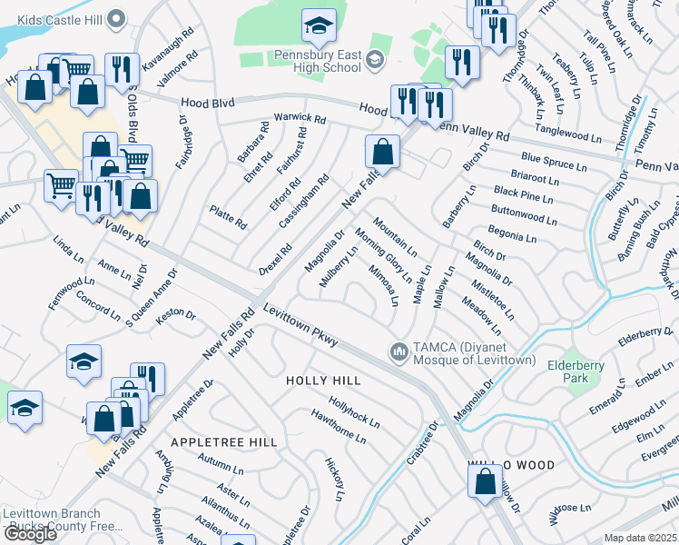 map of restaurants, bars, coffee shops, grocery stores, and more near 22 Mulberry Lane in Levittown
