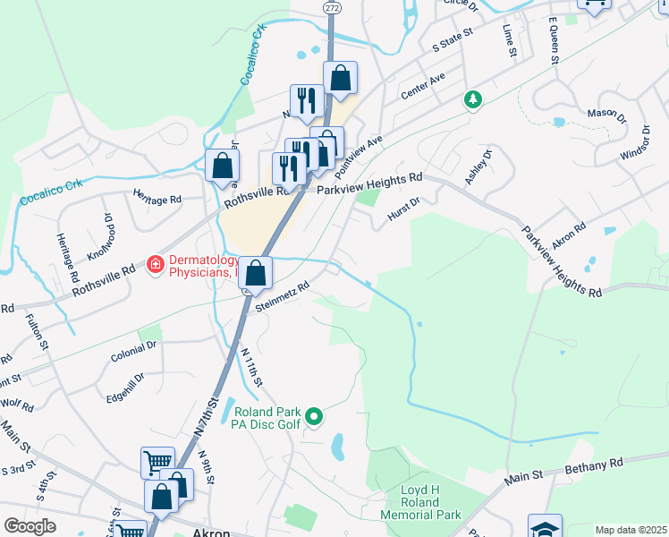map of restaurants, bars, coffee shops, grocery stores, and more near 1136 Steinmetz Road in Ephrata