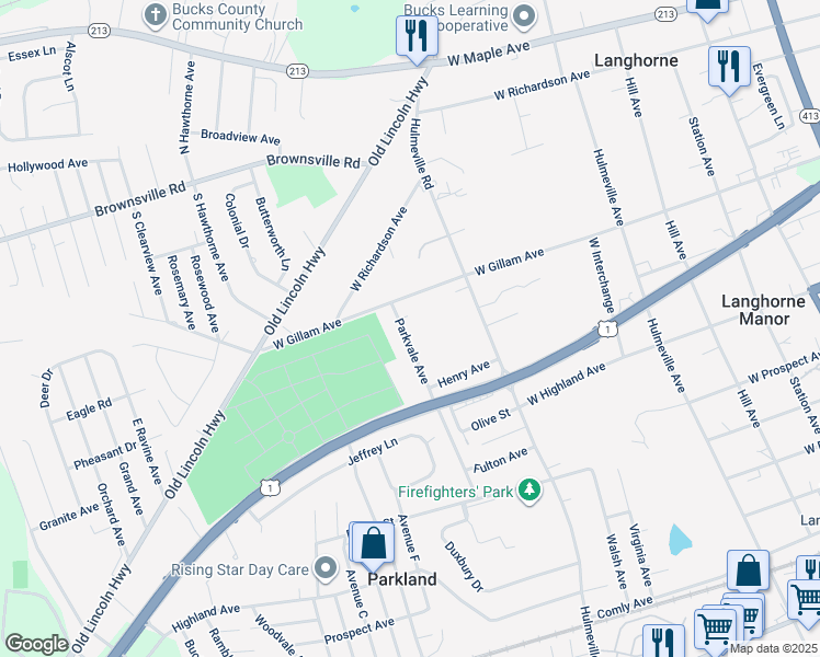 map of restaurants, bars, coffee shops, grocery stores, and more near 445 Parkvale Avenue in Langhorne