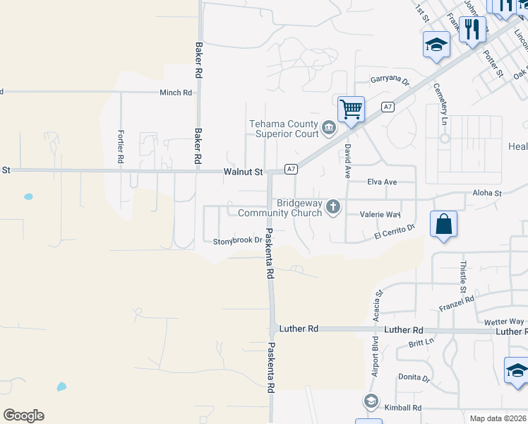map of restaurants, bars, coffee shops, grocery stores, and more near 2010 Pebblestone Drive in Red Bluff