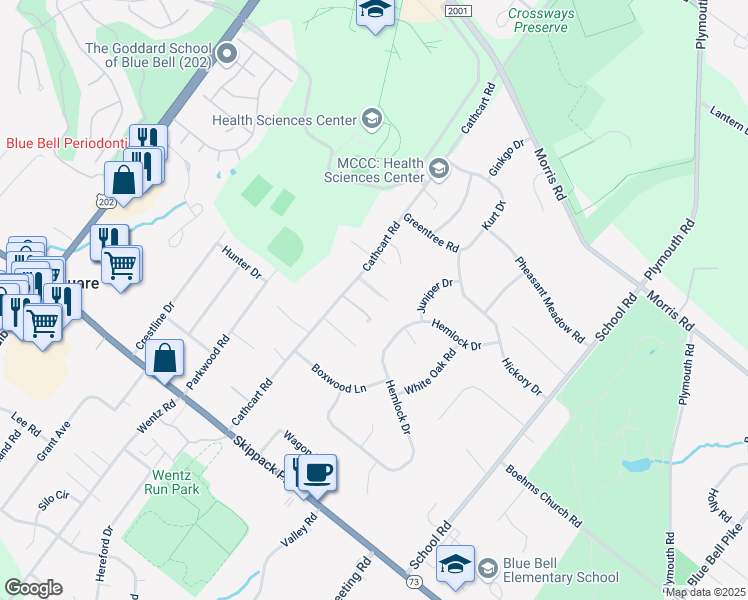 map of restaurants, bars, coffee shops, grocery stores, and more near 644 Cathcart Road in Blue Bell