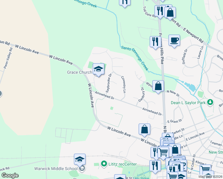 map of restaurants, bars, coffee shops, grocery stores, and more near 115 Saybrooke Drive in Lititz