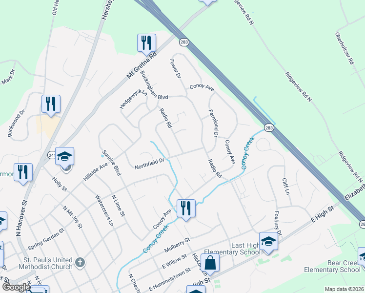 map of restaurants, bars, coffee shops, grocery stores, and more near 714 Radio Road in Elizabethtown