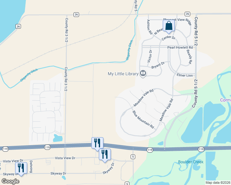 map of restaurants, bars, coffee shops, grocery stores, and more near 1873 Blue Mountain Road in Longmont