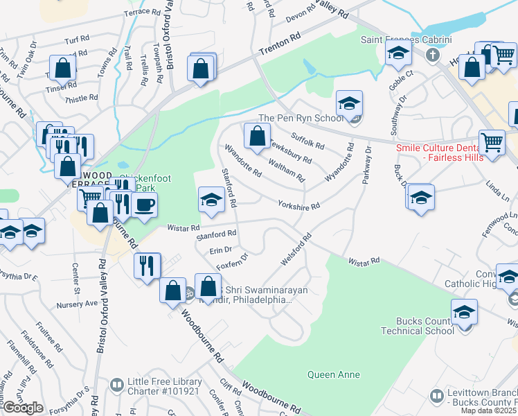 map of restaurants, bars, coffee shops, grocery stores, and more near 210 Yorkshire Lane in Fairless Hills