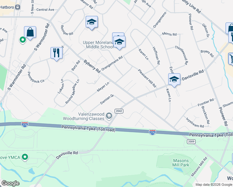 map of restaurants, bars, coffee shops, grocery stores, and more near 2546 Damian Drive in Hatboro
