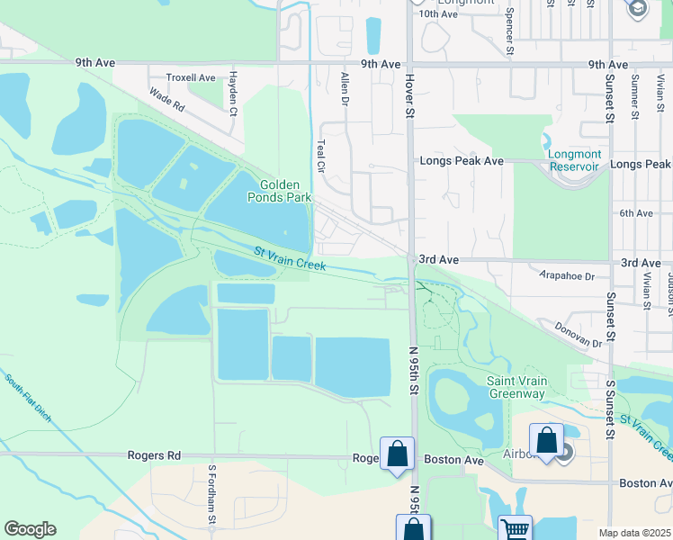 map of restaurants, bars, coffee shops, grocery stores, and more near 80 3rd Avenue in Longmont