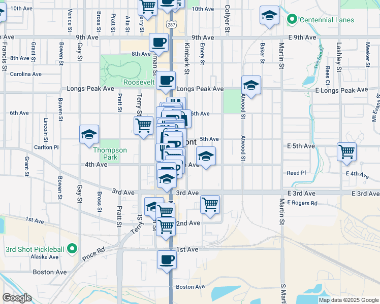 map of restaurants, bars, coffee shops, grocery stores, and more near 434 Kimbark Street in Longmont