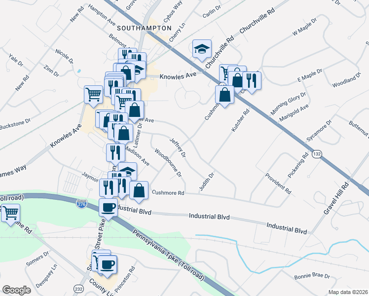 map of restaurants, bars, coffee shops, grocery stores, and more near 985 Jeffrey Drive in Southampton