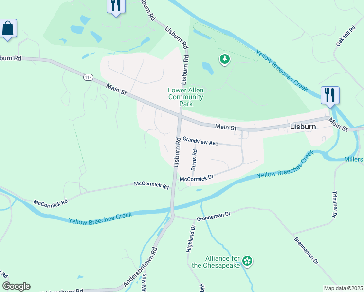 map of restaurants, bars, coffee shops, grocery stores, and more near 4119 Lisburn Road in Mechanicsburg