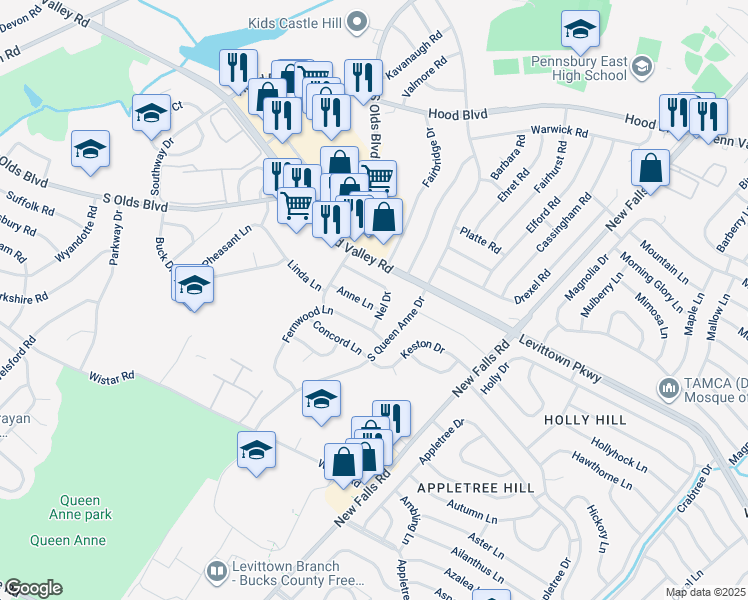 map of restaurants, bars, coffee shops, grocery stores, and more near 515 Anne Lane in Fairless Hills