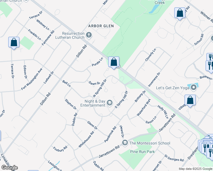 map of restaurants, bars, coffee shops, grocery stores, and more near 1406 Patrick Court in Ambler
