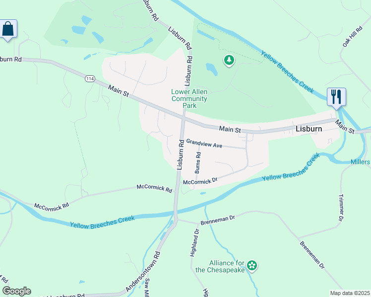 map of restaurants, bars, coffee shops, grocery stores, and more near 4119 Lisburn Road in Mechanicsburg