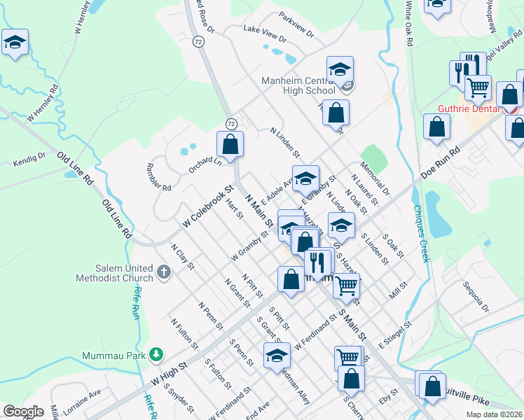 map of restaurants, bars, coffee shops, grocery stores, and more near 2 East Adele Avenue in Manheim