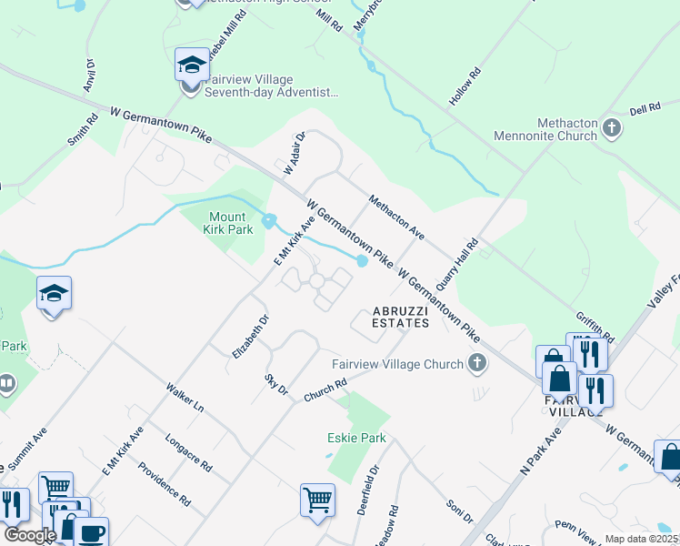 map of restaurants, bars, coffee shops, grocery stores, and more near 66 Essex Court in Norristown