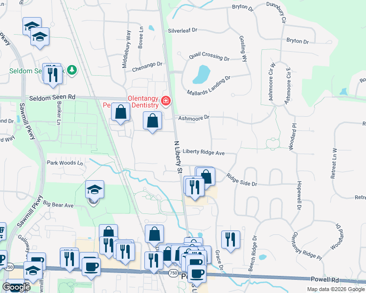 map of restaurants, bars, coffee shops, grocery stores, and more near 450 North Liberty Street in Powell