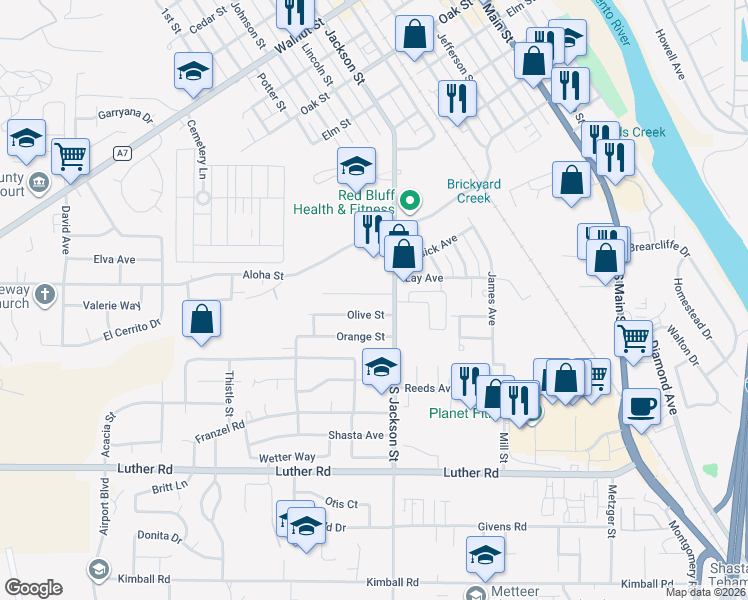 map of restaurants, bars, coffee shops, grocery stores, and more near 218 South Jackson Street in Red Bluff
