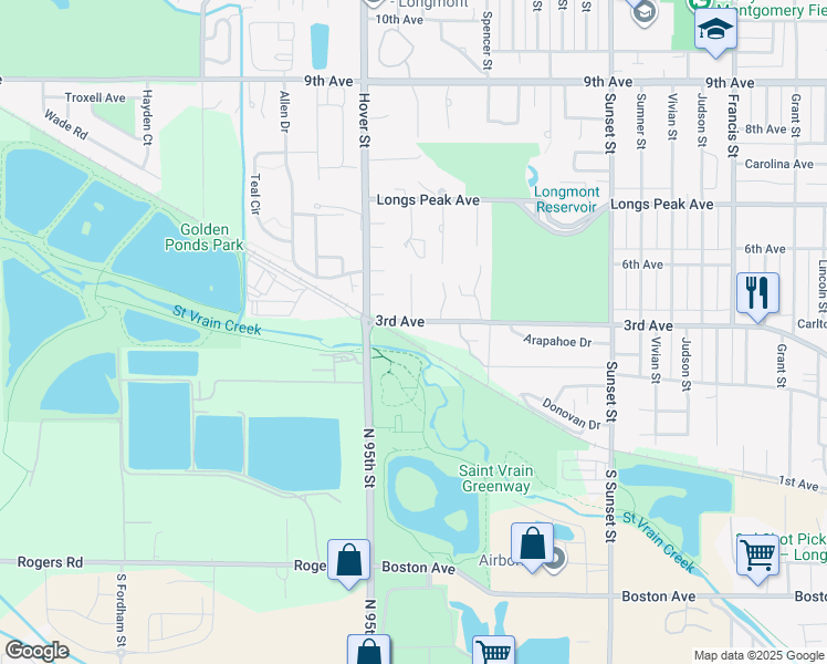 map of restaurants, bars, coffee shops, grocery stores, and more near 2104 3rd Avenue in Longmont