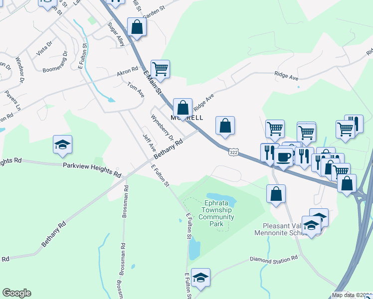 map of restaurants, bars, coffee shops, grocery stores, and more near 30 Bethany Road in Ephrata