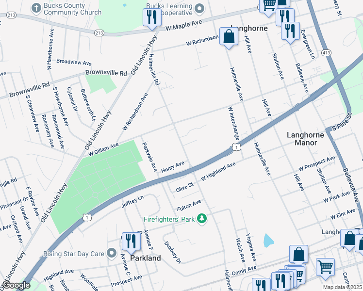map of restaurants, bars, coffee shops, grocery stores, and more near 476 Hulmeville Road in Langhorne