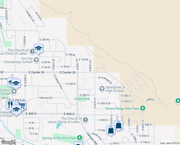map of restaurants, bars, coffee shops, grocery stores, and more near 54 North 1360 East Street in Springville