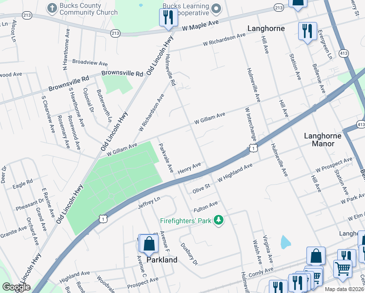map of restaurants, bars, coffee shops, grocery stores, and more near 438 Hulmeville Road in Langhorne
