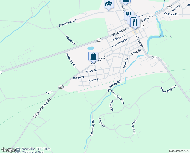 map of restaurants, bars, coffee shops, grocery stores, and more near 53 Broad Street in Newville
