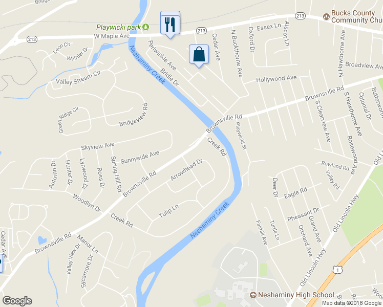 map of restaurants, bars, coffee shops, grocery stores, and more near 2711 Brownsville Road in Langhorne