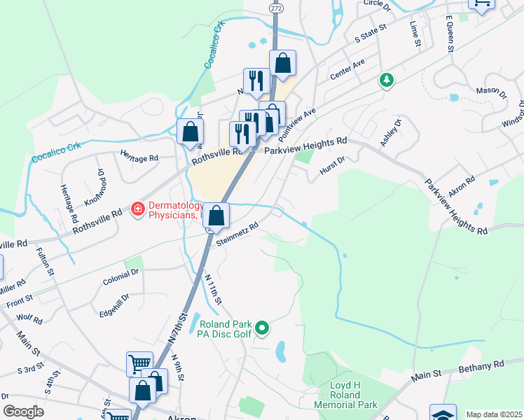 map of restaurants, bars, coffee shops, grocery stores, and more near 1147 Steinmetz Rd in Ephrata
