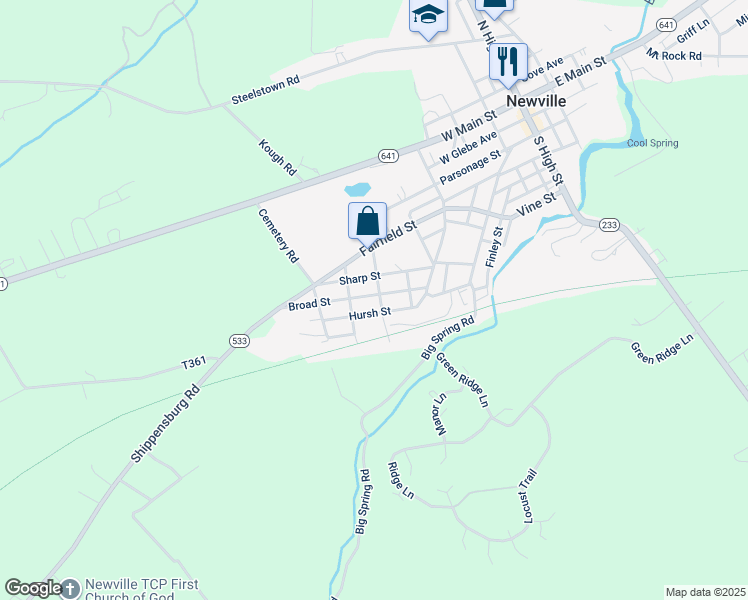 map of restaurants, bars, coffee shops, grocery stores, and more near 53 Broad Street in Newville