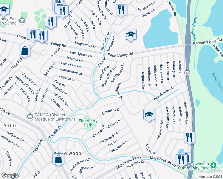 map of restaurants, bars, coffee shops, grocery stores, and more near 22 Bald Cypress Lane in Levittown
