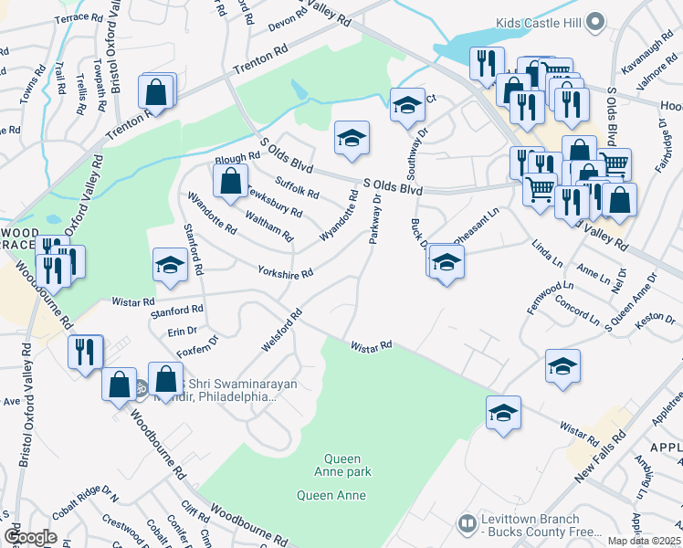 map of restaurants, bars, coffee shops, grocery stores, and more near 221 Welsford Road in Fairless Hills
