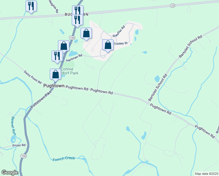 map of restaurants, bars, coffee shops, grocery stores, and more near 725 Pughtown Road in Spring City