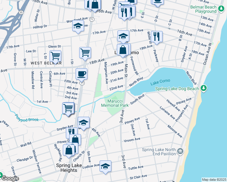 map of restaurants, bars, coffee shops, grocery stores, and more near 730 22nd Avenue in Belmar