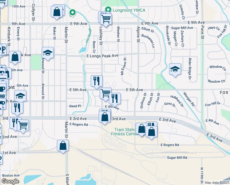 map of restaurants, bars, coffee shops, grocery stores, and more near 245 Butler Court in Longmont