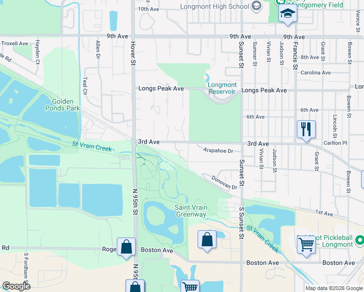 map of restaurants, bars, coffee shops, grocery stores, and more near 1905 3rd Avenue in Longmont