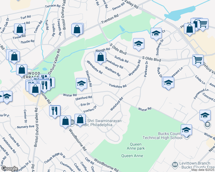 map of restaurants, bars, coffee shops, grocery stores, and more near 226 Yorkshire Lane in Fairless Hills