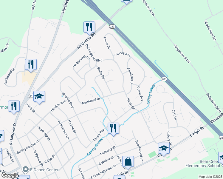 map of restaurants, bars, coffee shops, grocery stores, and more near 714 Radio Road in Elizabethtown
