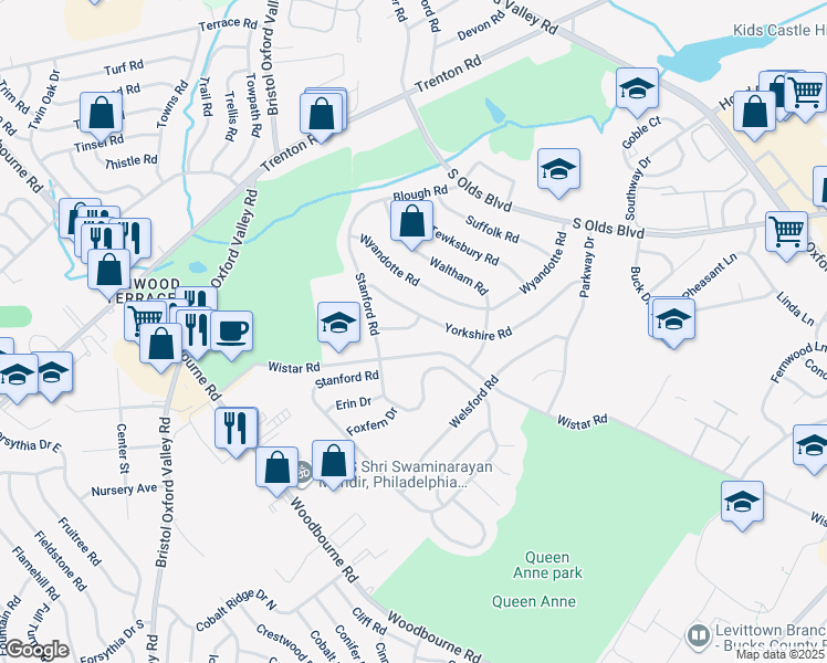 map of restaurants, bars, coffee shops, grocery stores, and more near 210 Yorkshire Lane in Fairless Hills