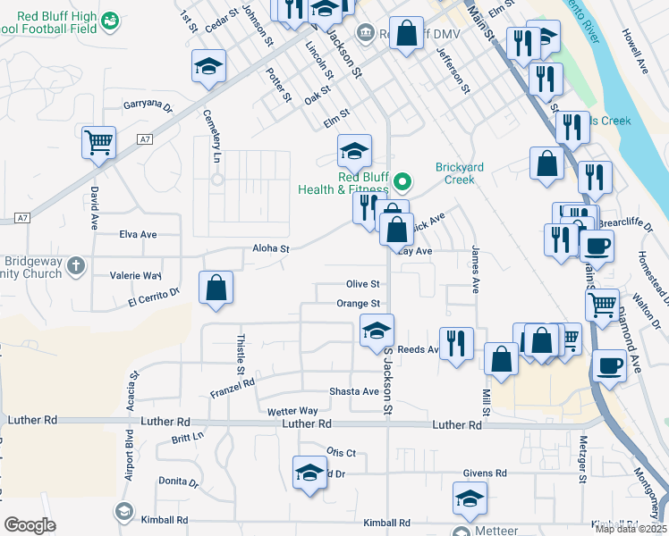 map of restaurants, bars, coffee shops, grocery stores, and more near 865 Locust Street in Red Bluff